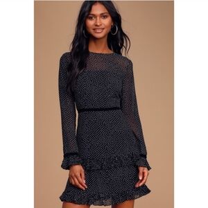 Lulus Floral to See Black & White Polka Dot Long Sleeve Velvet Trim Mini Dress M